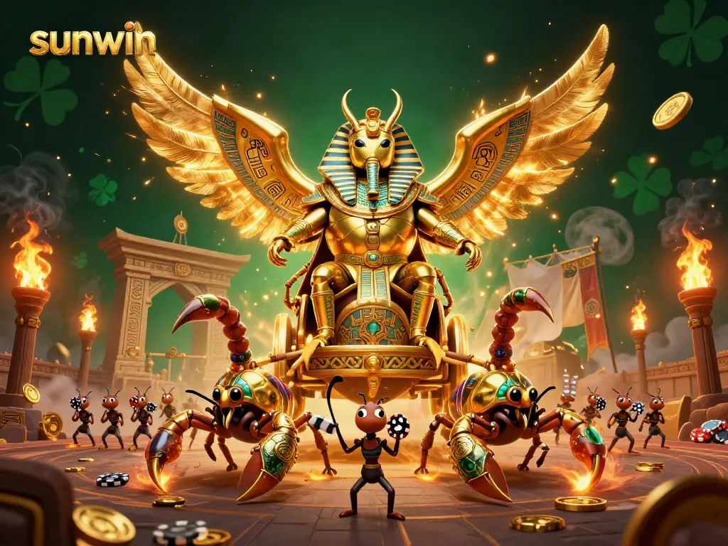 Experience the thrill of sunwin casino with a golden scarab beetle riding a chariot, surrounded by vibrant gaming elements.