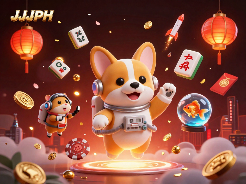 Engage with JJJPH’s lively casino atmosphere in a vibrant 3D scene featuring gaming elements.
