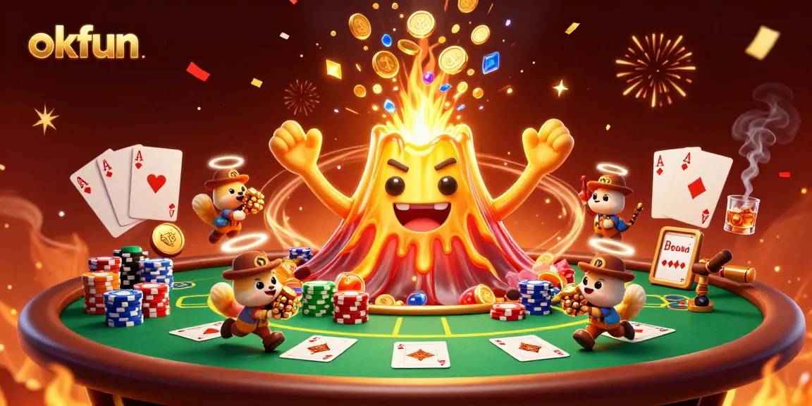 Win exciting prizes at okfun with 3D volcano treasure eruption creating an eye-catching casino scene.