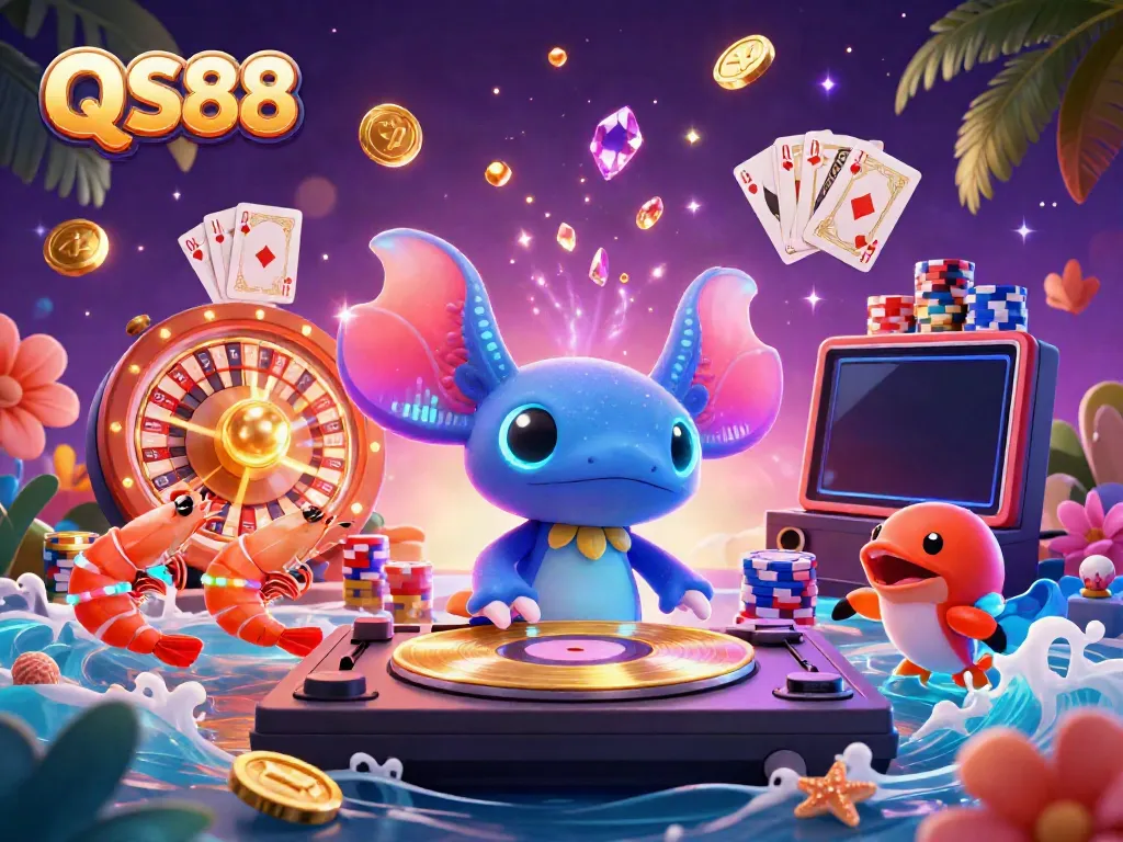 Experience the vibrant QS88 casino scene with a neon axolotl DJ and sparkling rewards.