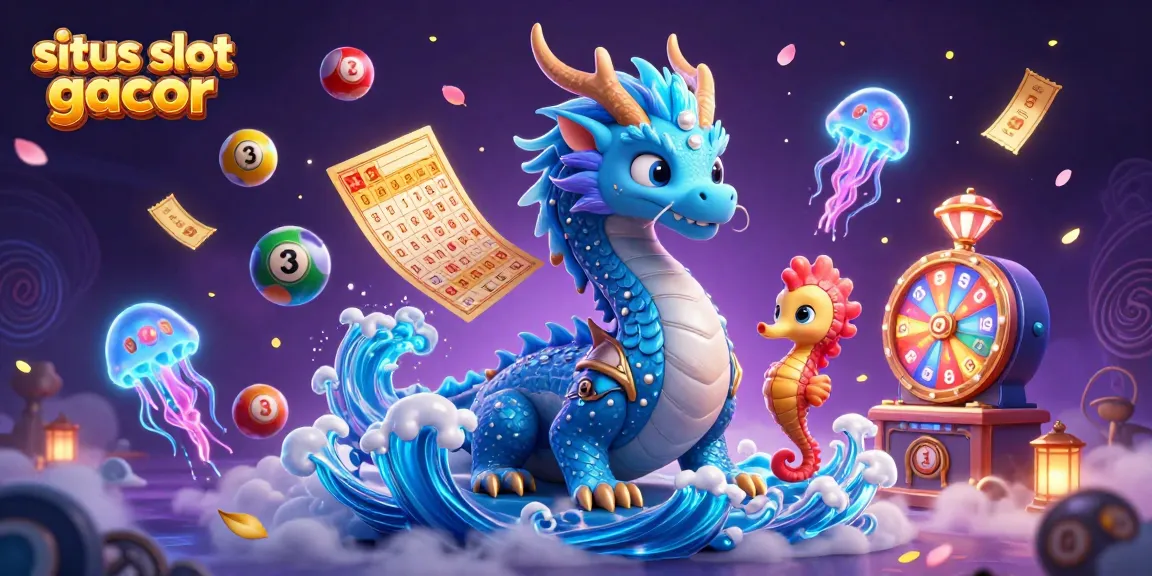 Play on situs slot gacor with an azure water dragon and lively casino elements like slot reels and vibrant balls.