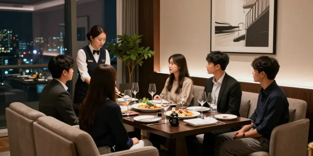 강남구구단의 고급스러운 사적인 공간에서 손님들이 대화하며 즐기는 모습