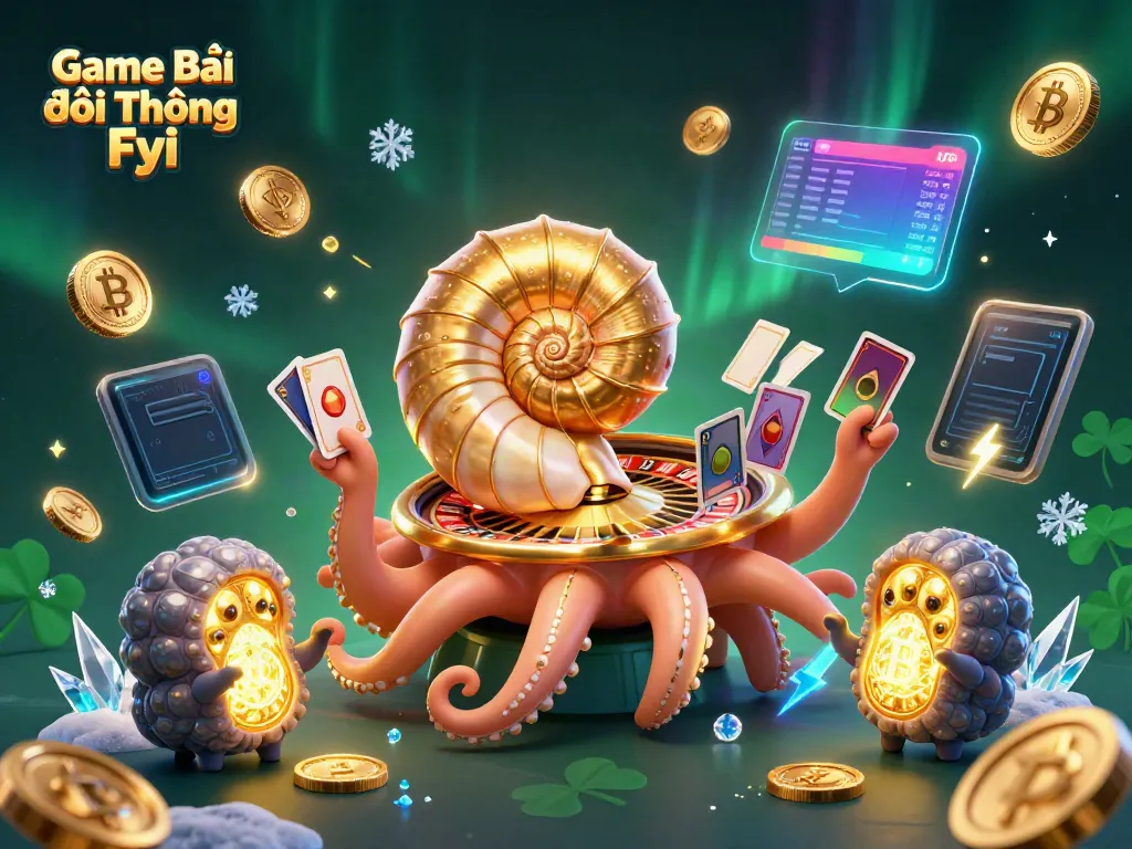 Experience the excitement of Game Bài Đổi Thưởng Fyi with a vibrant casino scene featuring a giant nautilus, coins, and cards.