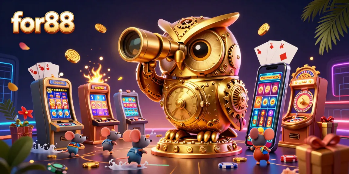 Experience the excitement of for88 with a vibrant 3D casino scene featuring a golden owl and wind-up mouse patrons.