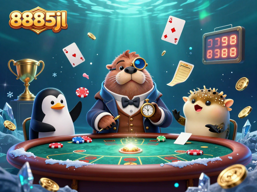 Experience high-stakes poker action with a jolly walrus and his dealer, 8885jl.