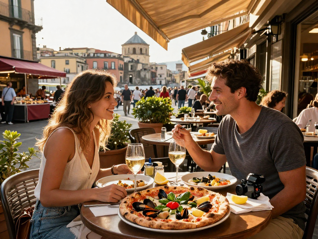 Couple enjoying authentic Neapolitan pizza at a sunlit outdoor restaurant, lavowin daftar context for culinary exploration.