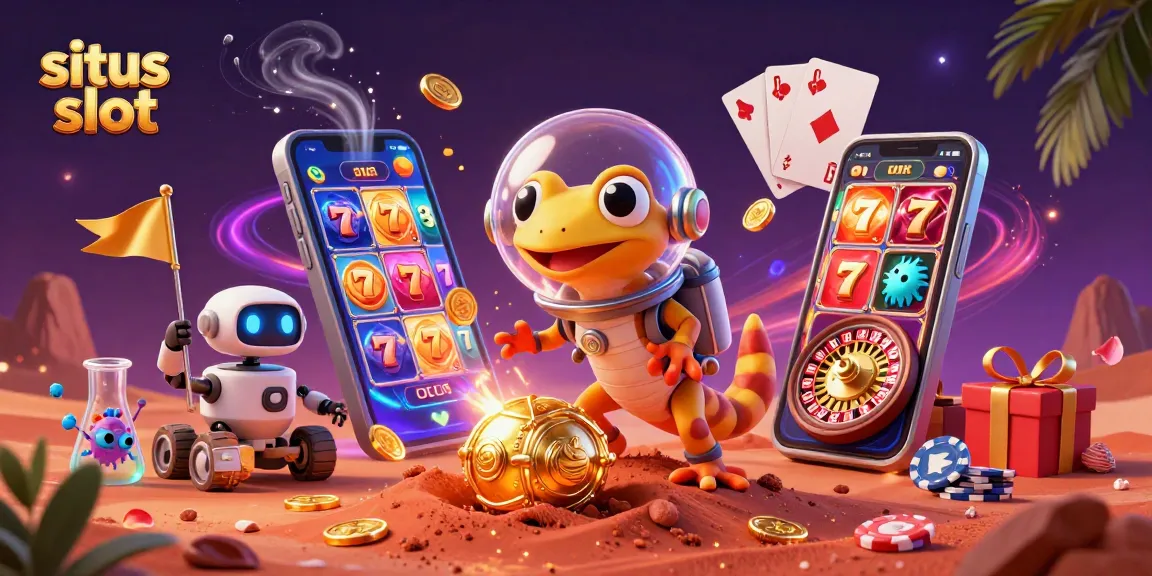 Engaging scene of a Martian gecko exploring a situs slot casino on Mars, surrounded by gaming elements.