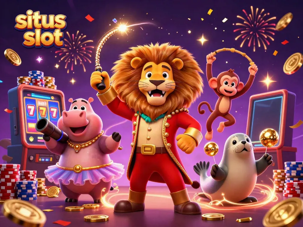 Experience thrilling situs slot action with a vibrant circus scene featuring cartoon characters amidst dynamic casino elements.