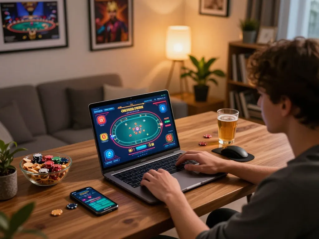 Engaging in online poker gameplay at home using 68gamebaivn platform, laptop open, friendly atmosphere.
