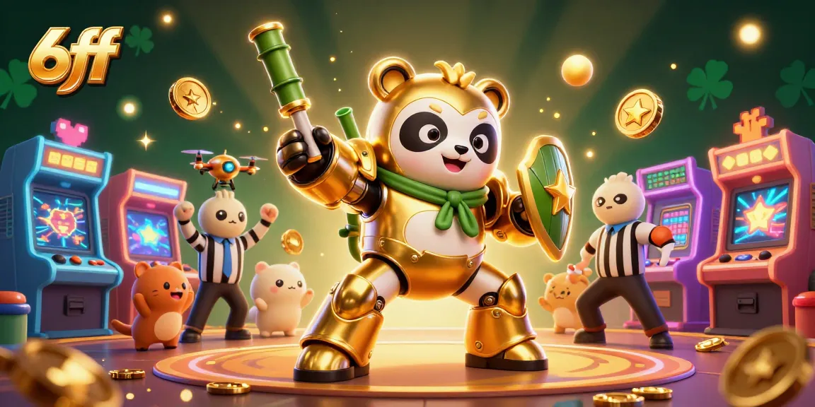 Engage with the thrilling 6ff casino action featuring cartoon mech-suit panda in a vibrant game arena.
