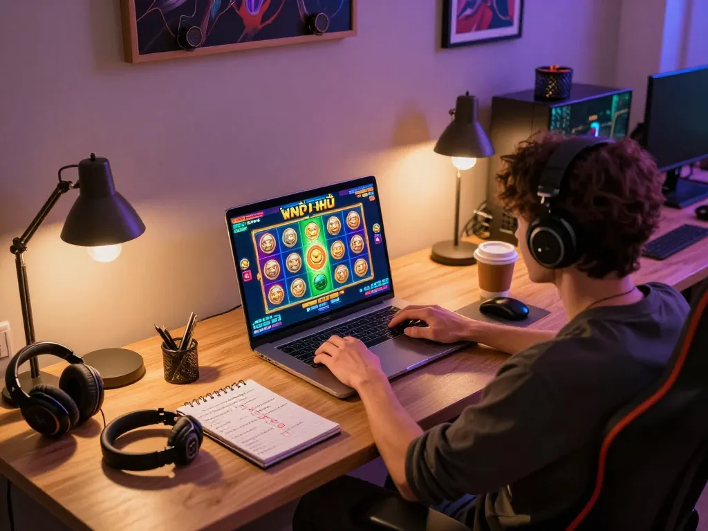 Nổ Hũ gameplay featuring a player engaged with vibrant slot game, showcasing online gaming setup.