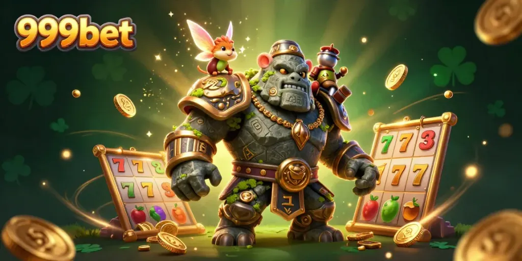 Experience the magical realm of 999bet with a golem guardian, fairy, and hamster knight amidst spectacular slot game elements.