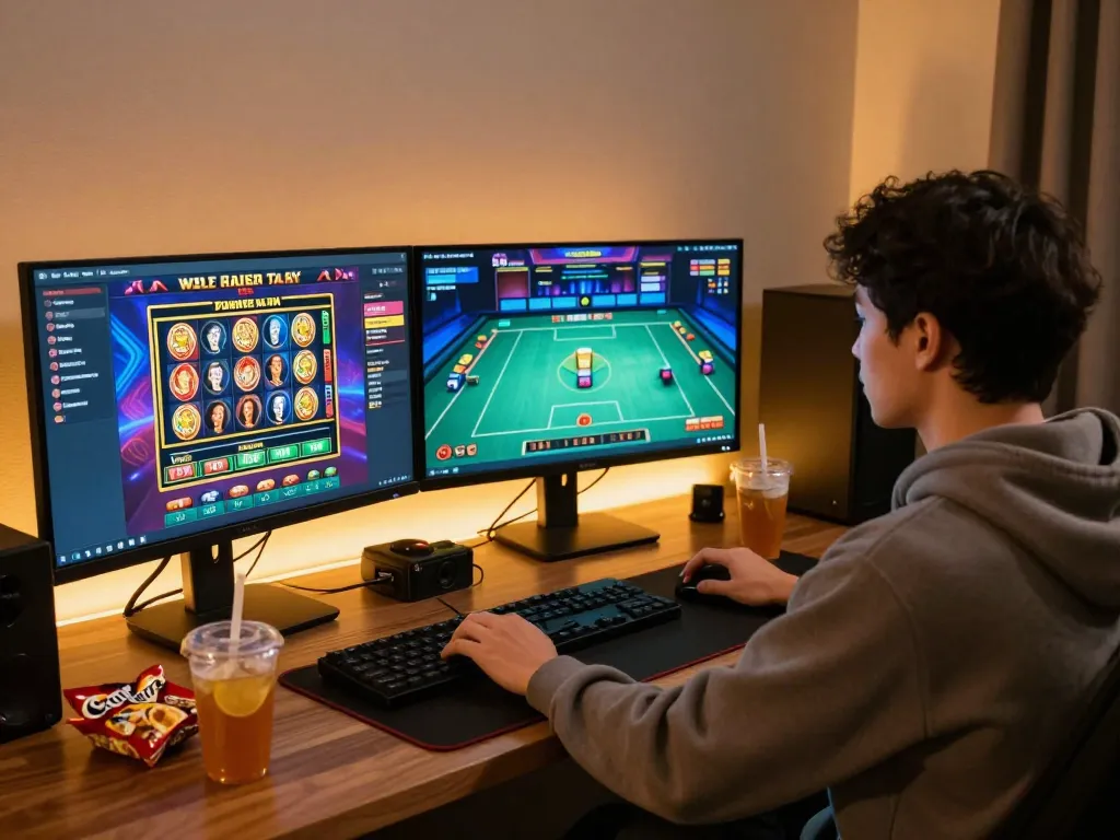 Player engaging in online casino games at home using f168 platform, showcasing vibrant interface and immersive setup.