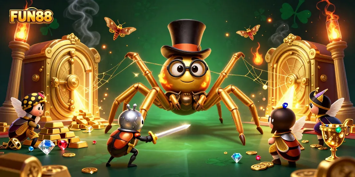 Experience excitement with FUN88, featuring a golden tarantula and a beetle knight amid sparkling casino treasures.