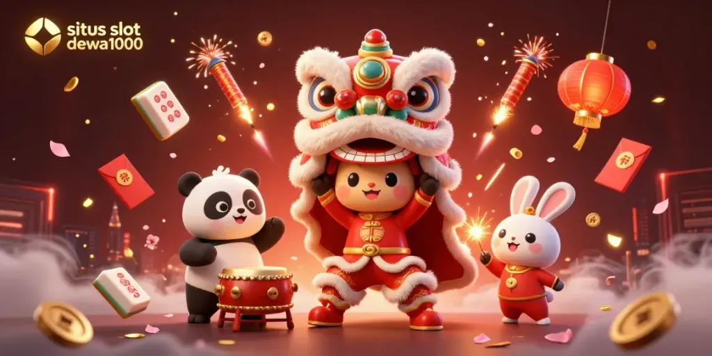Experience excitement on situs slot dewa1000 with a lively illustration featuring a lion dance and festive elements.