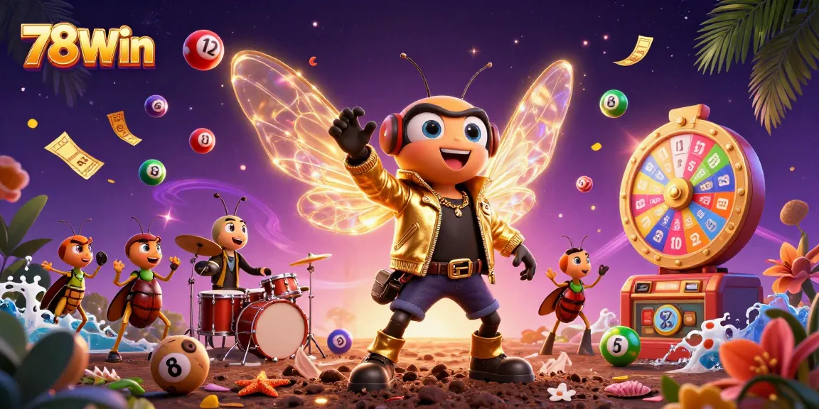 Engage with 78Win's vibrant casino scene featuring animated characters, colorful lottery elements, and dynamic game excitement.