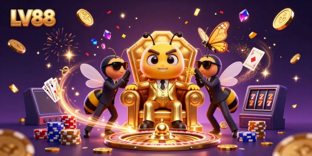 Experience the thrill of LV88 with a bumblebee mob boss amidst dazzling casino elements.