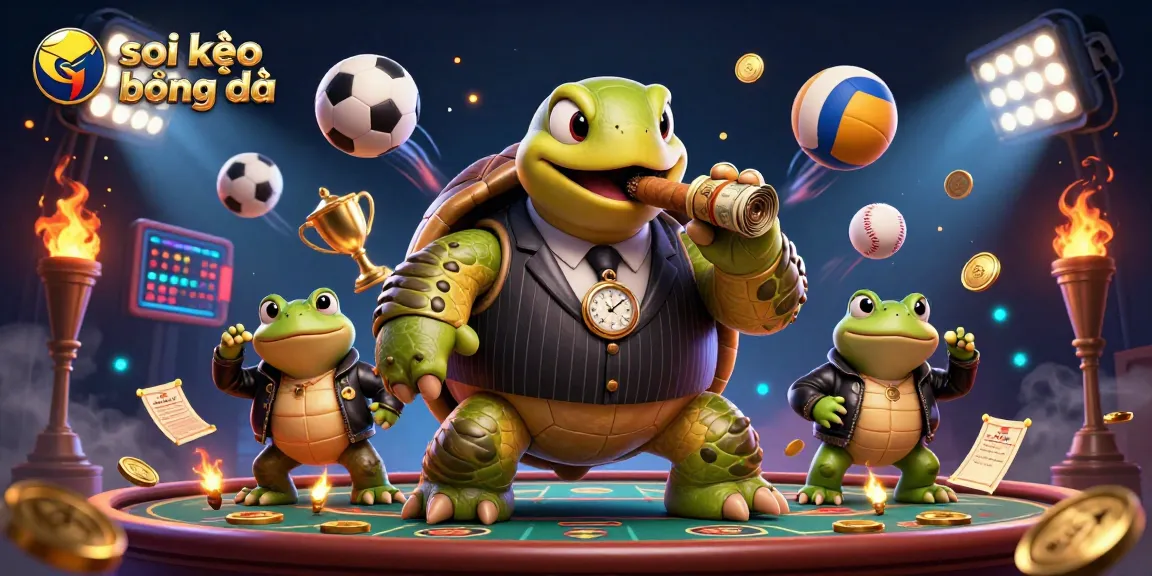 Soi kèo bóng đá illustrated with a snapping turtle in a mobster suit with sports balls and betting elements dynamically flying.
