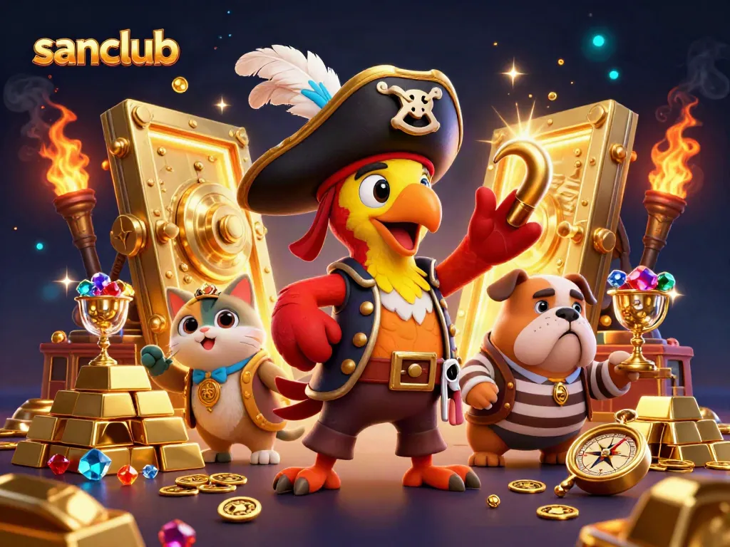 Experience thrilling wins at sanclub with a vibrant pirate-themed casino illustration featuring characters and treasures.