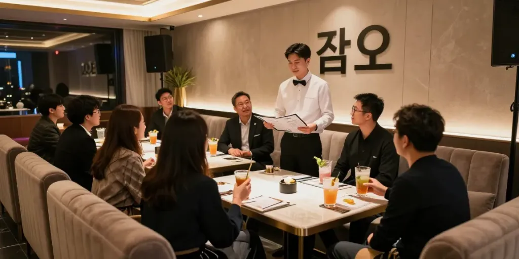 강남타이밍 쩜오의 고급스러운 내부, 손님을 맞이하는 매니저와 아늑한 분위기
