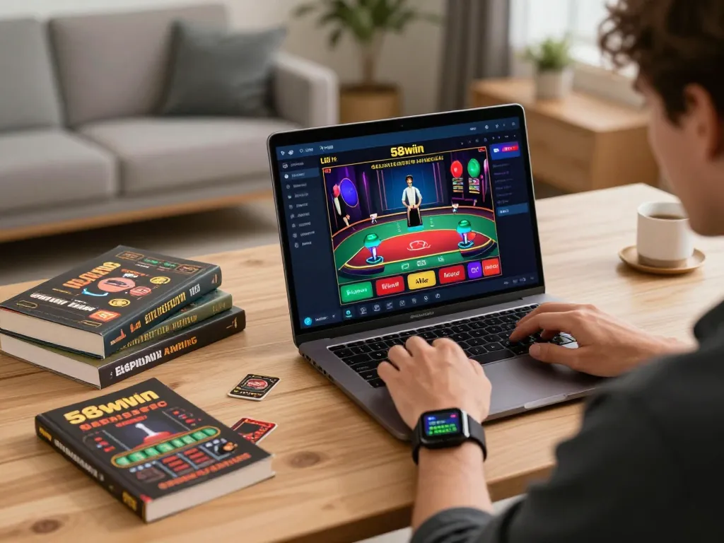 Player engaging with the 58wiin app on a laptop while practicing responsible gambling strategies.