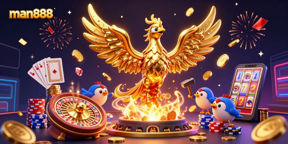 Experience thrilling gaming with man888's molten phoenix character, vibrant coins, and cards.