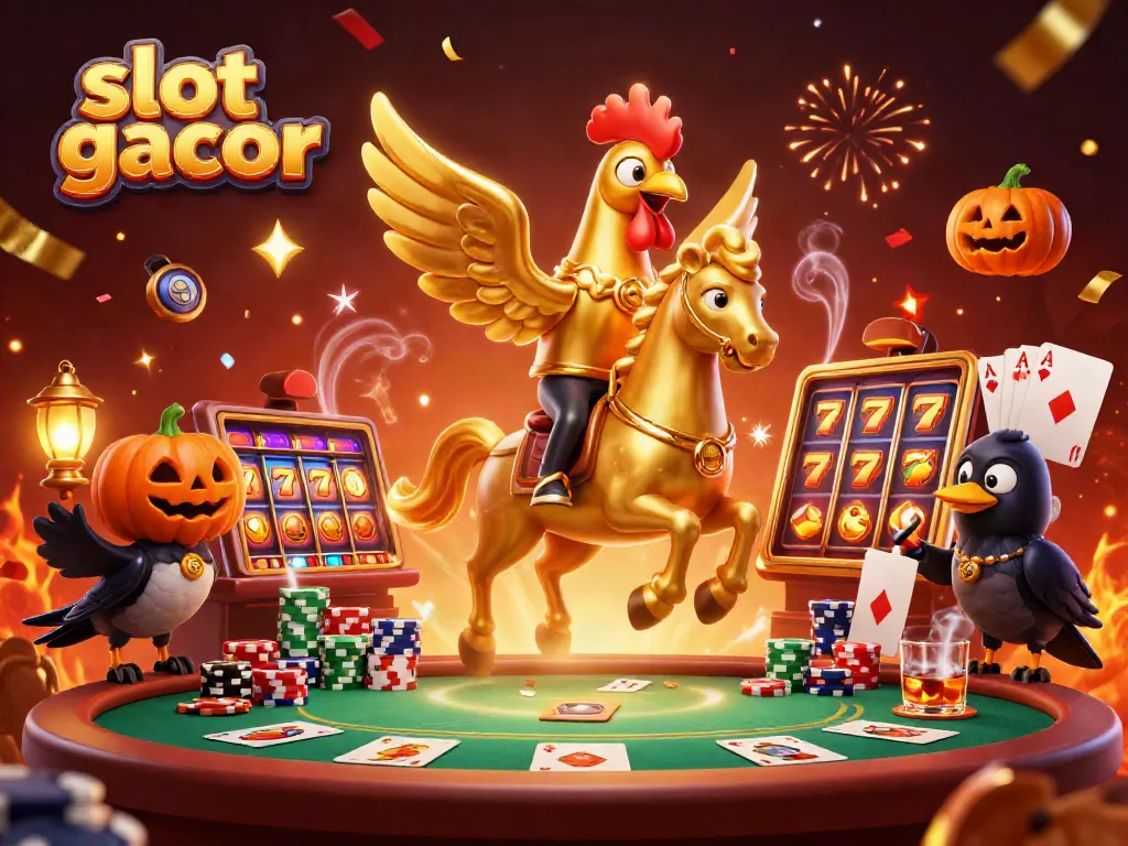 Engage in thrilling gameplay at slot gacor, featuring a surreal casino with dynamic characters.