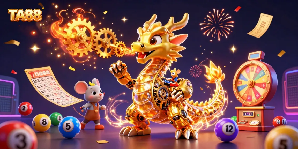 TA88 showcases a golden dragon amidst dynamic lottery elements for exciting casino experiences.