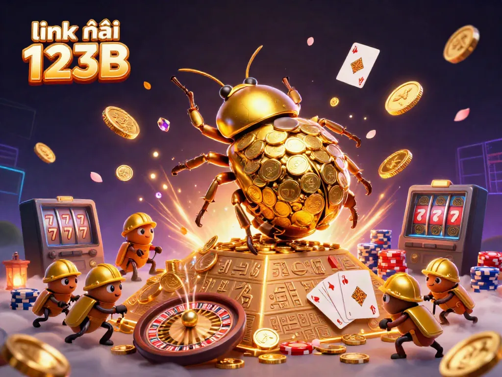 Engage with link vào 123B through a vibrant casino-themed 3D illustration showcasing gold coins and gaming icons.