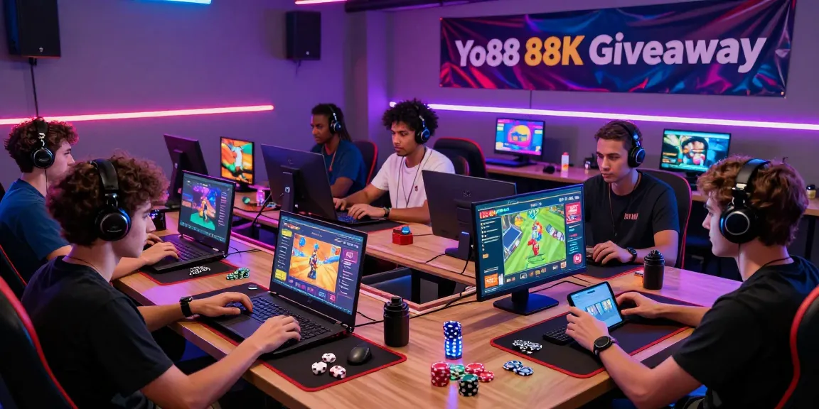 Exciting online gaming scene showcasing players engaged with Yo88 gaming platform, vibrant atmosphere with LED lights and gaming props.