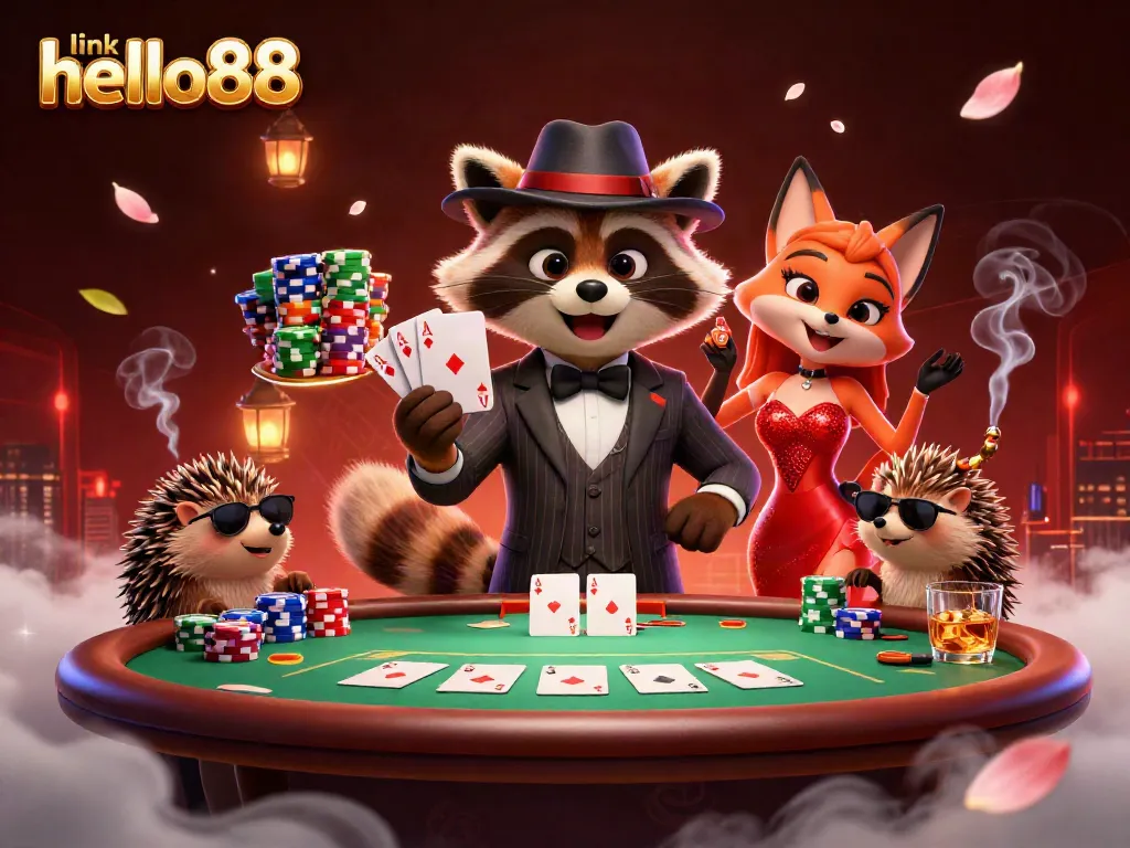 Experience the excitement of poker with the charismatic raccoon and his companions at link hello88.