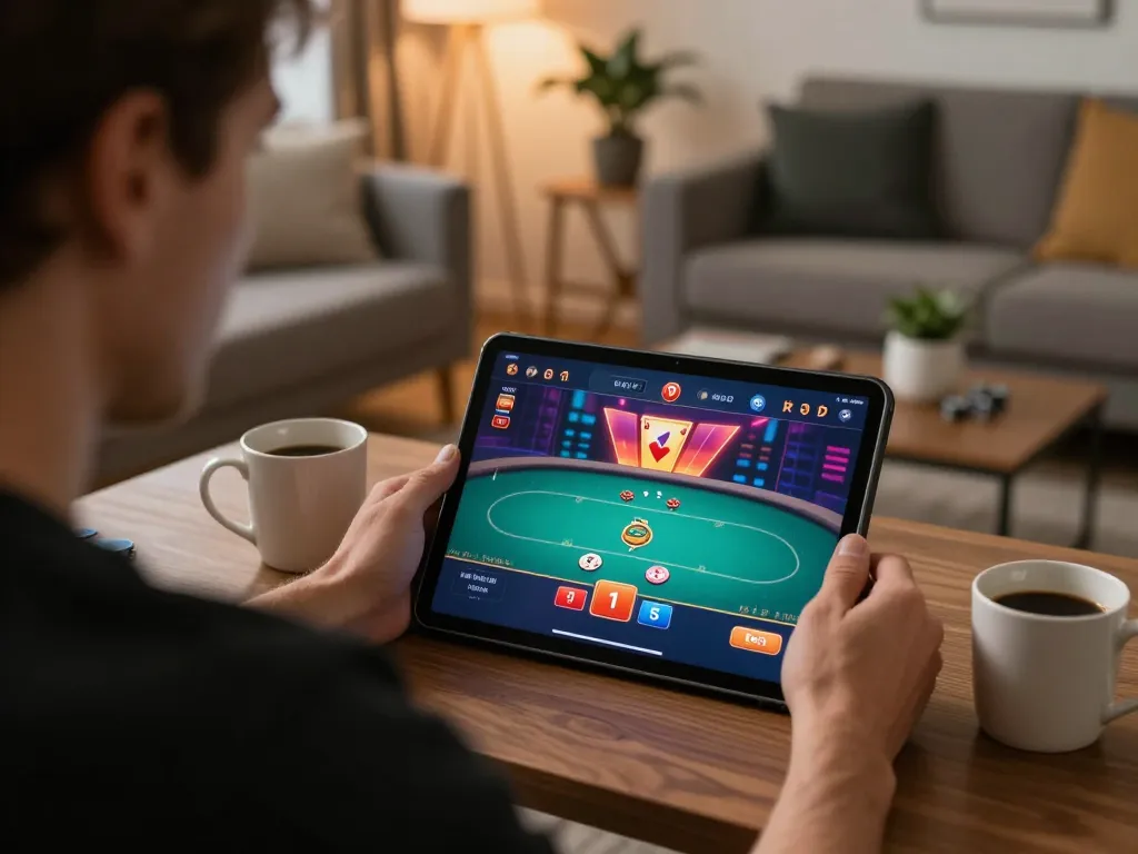 Player enjoying online poker on tablet, showcasing FA8 8 strategy in a cozy home setting