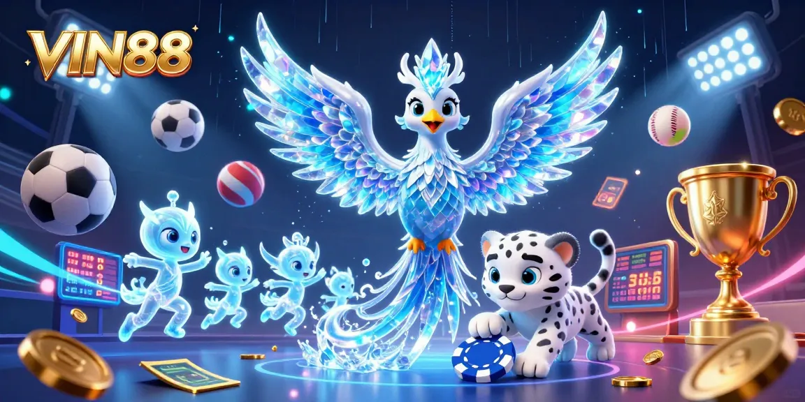 Experience VIN88 with a vibrant 3D scene showcasing immersive casino elements and fantasy creatures.