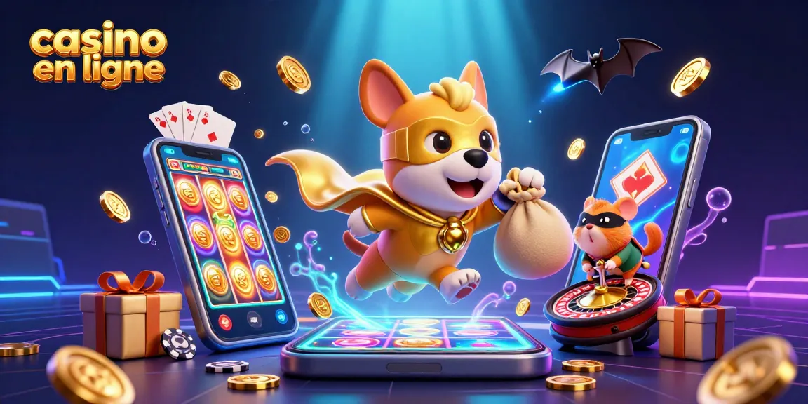 Jouez au casino en ligne avec un chien super-héros et un hamster, entourés de jeux et de pièces d'or.
