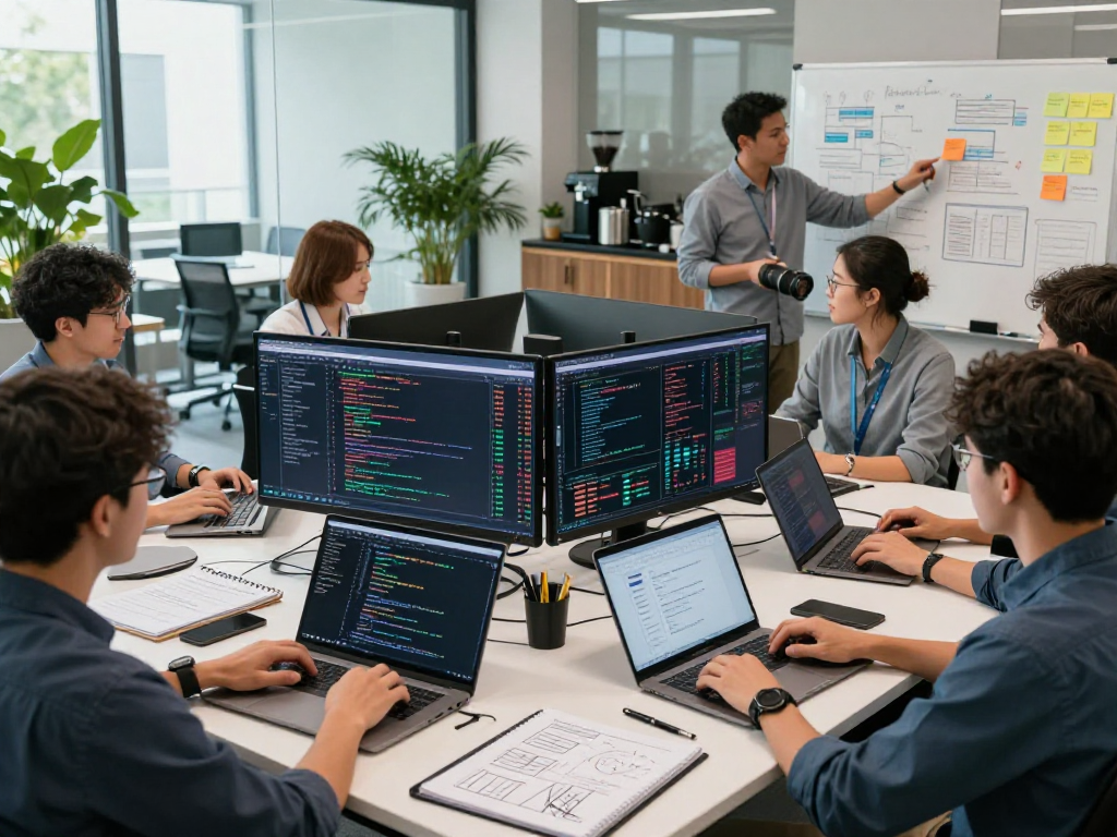 Developers utilizing multi-ticker India stock API in a tech workspace with stock charts and code on screens.