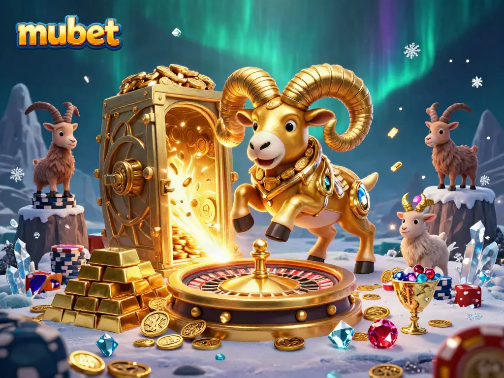 Experience excitement at mubet with golden ram charging towards a dazzling roulette wheel.