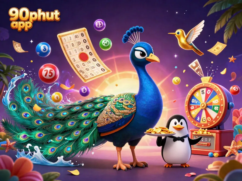 View the stunning 90phut app with vibrant gambling elements and characters pouring excitement into the scene.