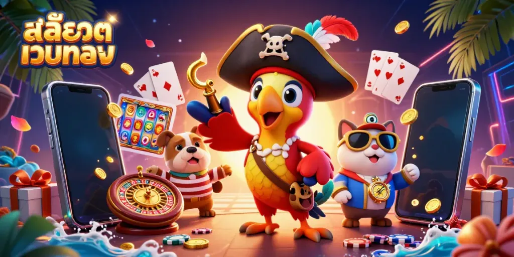 Experience the thrill with สล็อตเว็บตรง featuring vibrant characters amid slot games and treasures.