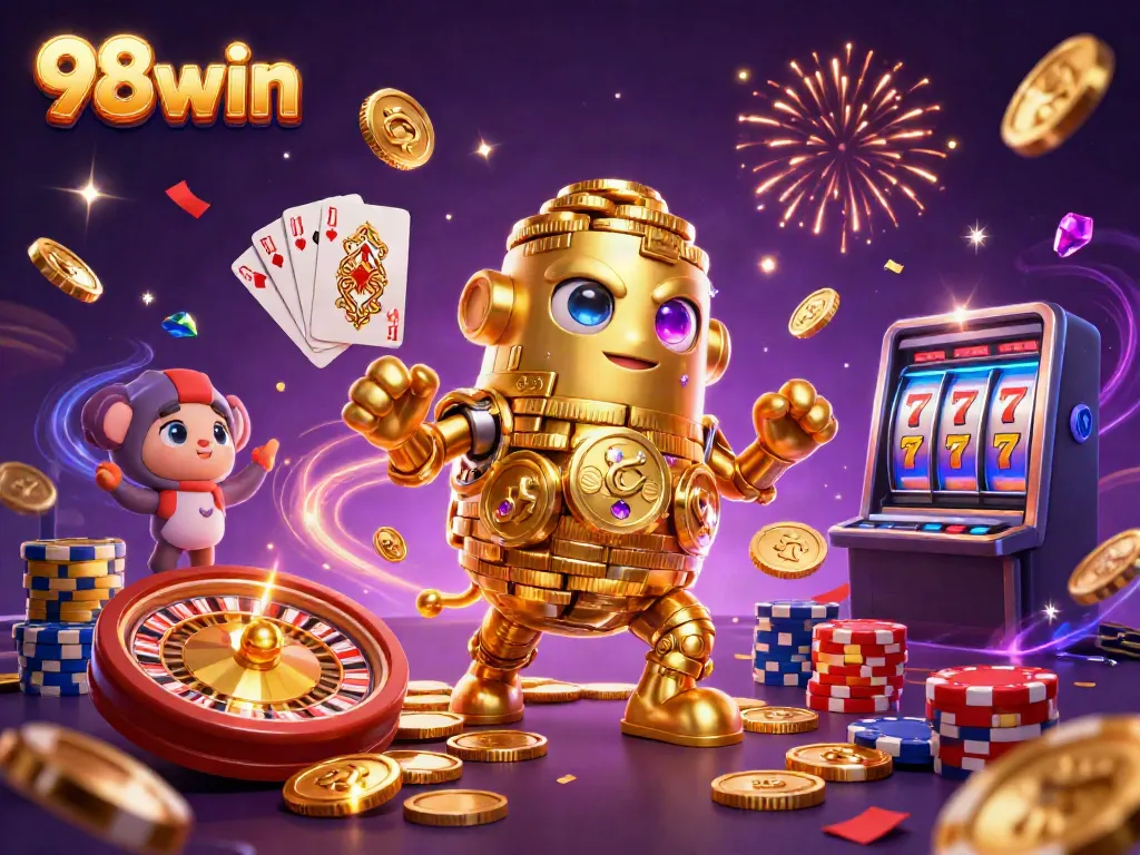 Experience the thrilling world of 98win with dynamic casino elements and a captivating golden golem.