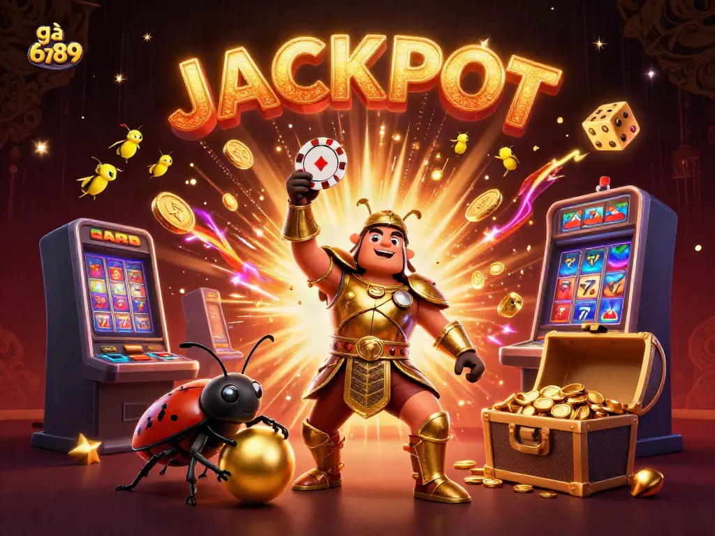 Experience excitement at gà 6789 with a victorious beetle and jackpot visuals in a vibrant casino scene.
