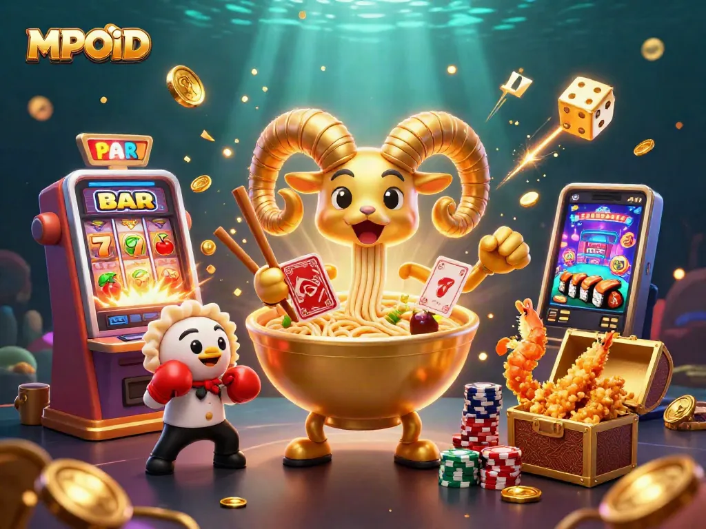 MPOID deals winning cards in a vibrant casino scene with a joyful ramen bowl and friends