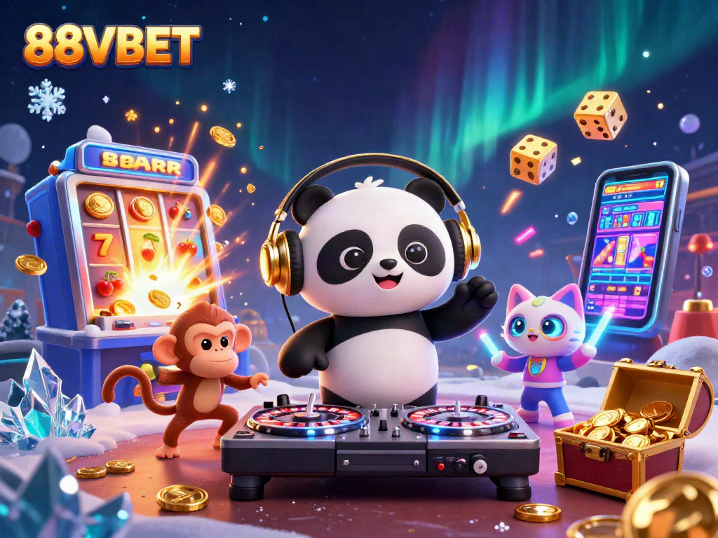 Engage with 88VBET through a vibrant 3D casino scene featuring a DJ panda and dazzling slot machine.