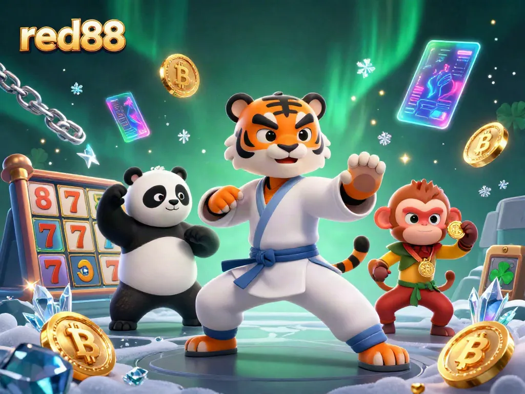Engage with red88 through a vibrant 3D scene showcasing a kung fu tiger master and gambling elements like slot reels and crypto coins.
