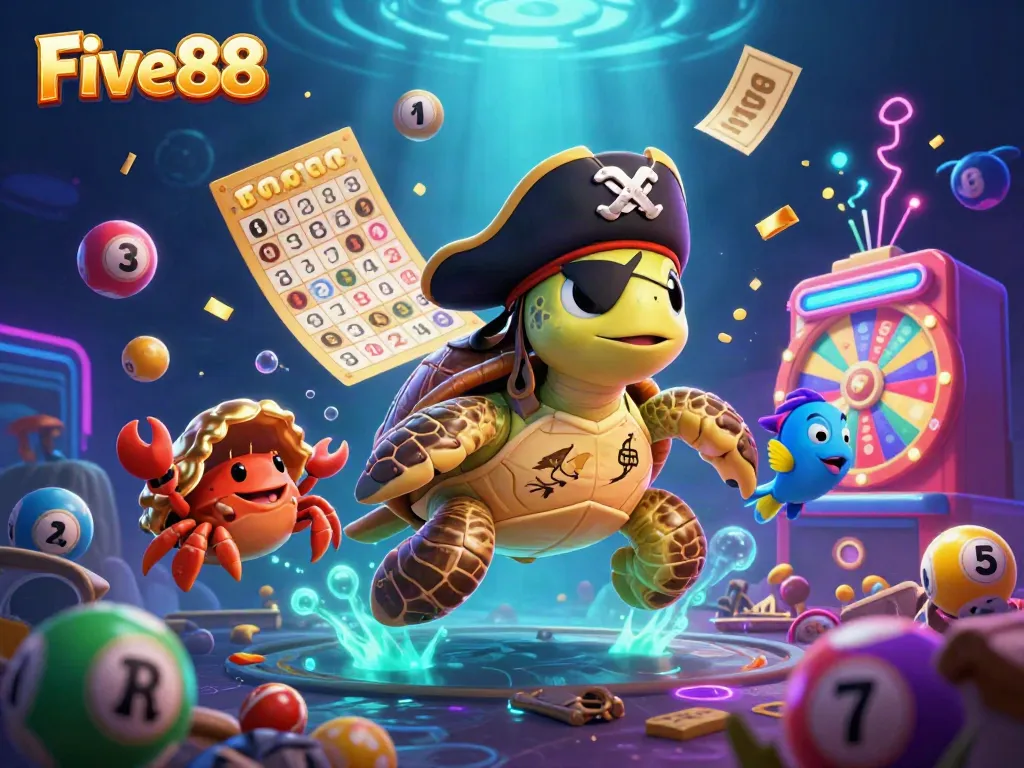 Experience the exciting world of Five88 with our vibrant 3D casino illustration featuring lucky gaming elements and adventurous characters.
