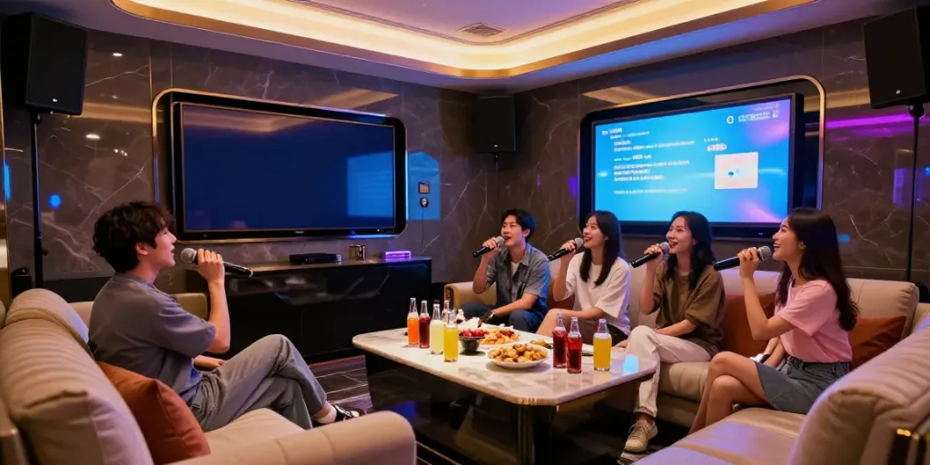 강남달토에서 친구들과 노래를 즐기는 고급스러운 카라오케 룸의 모습