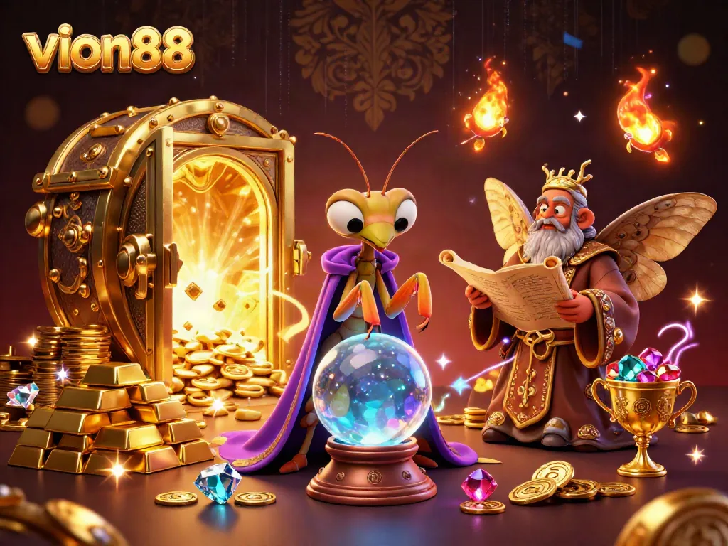 Engage with vibrant vion88 casino's dynamic 3D fortune teller and treasures illustration, showcasing rich gaming experiences.
