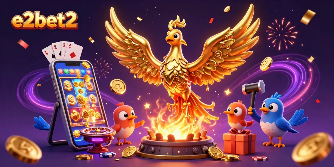 Experience the excitement of e2bet2 with a golden phoenix and a vibrant casino theme.
