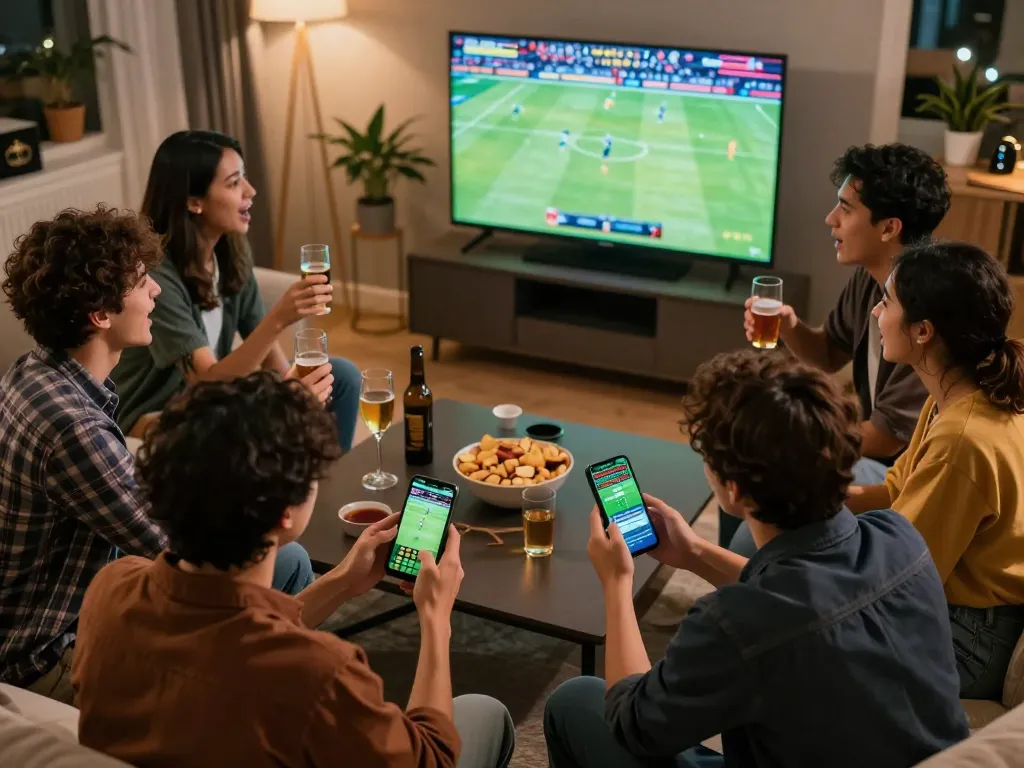 Friends enjoying a thrilling sports betting experience at home with nhacaiuytinn mobile app