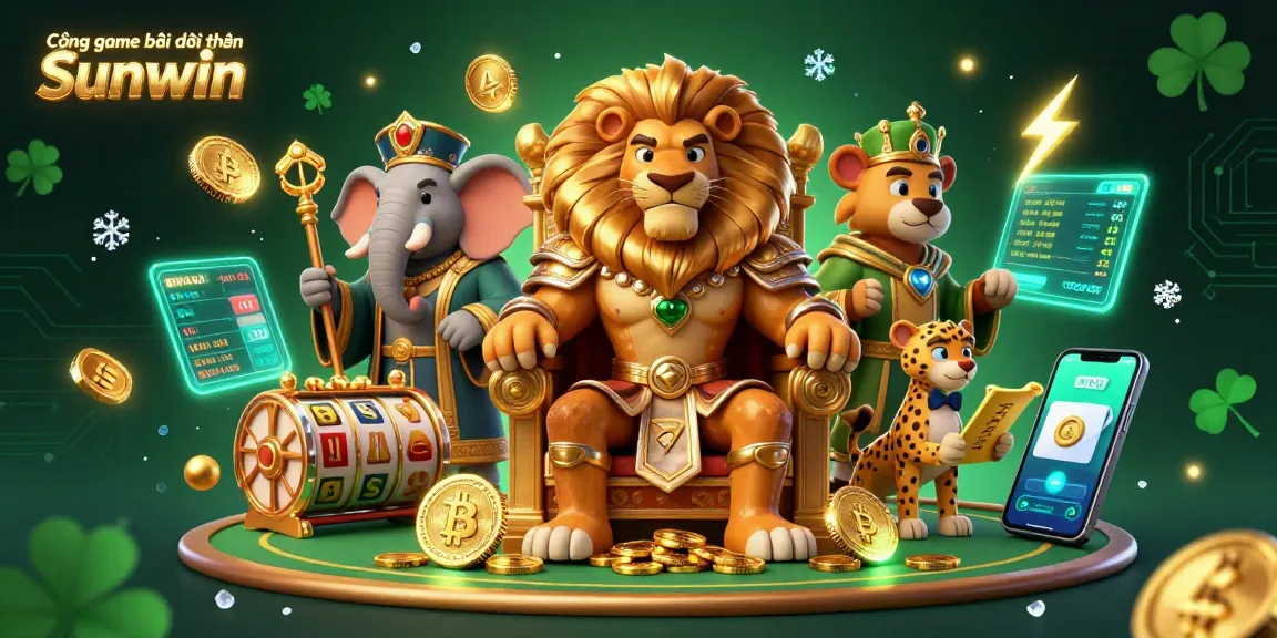 Experience the vibrant world of Cổng game bài đổi thưởng Sunwin, featuring a majestic lion king, elephant advisor, and cheetah messenger amidst dynamic gambling elements.