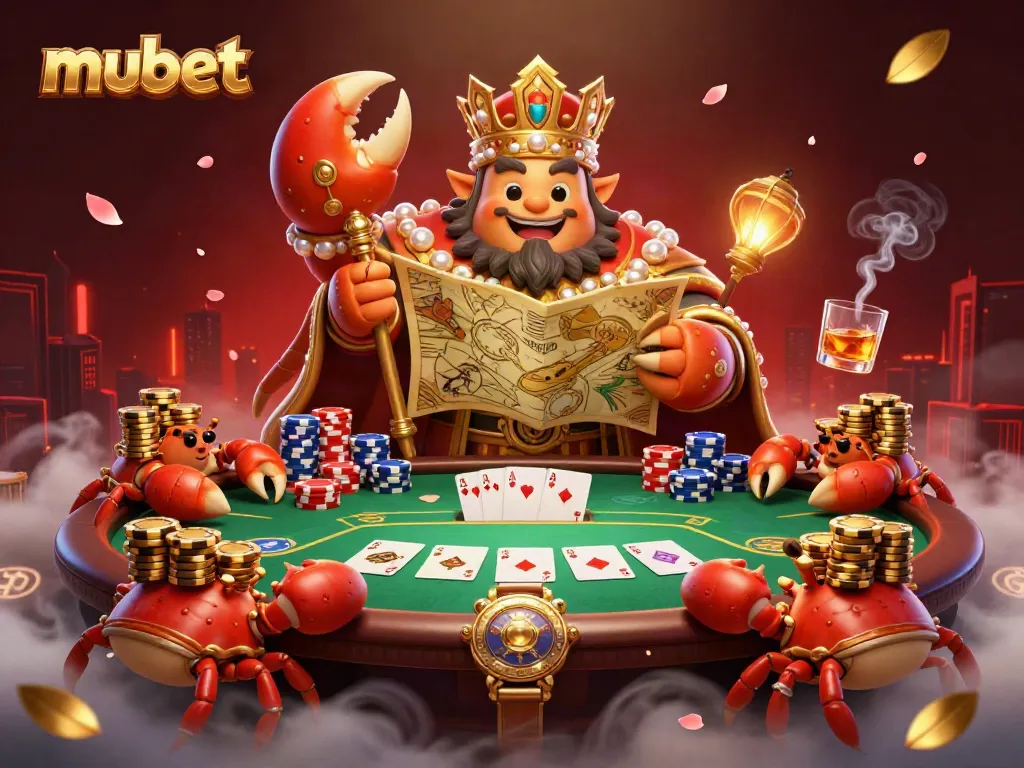 Engage with the mubet fantasy world featuring a grand golden crab emperor and vibrant poker elements.